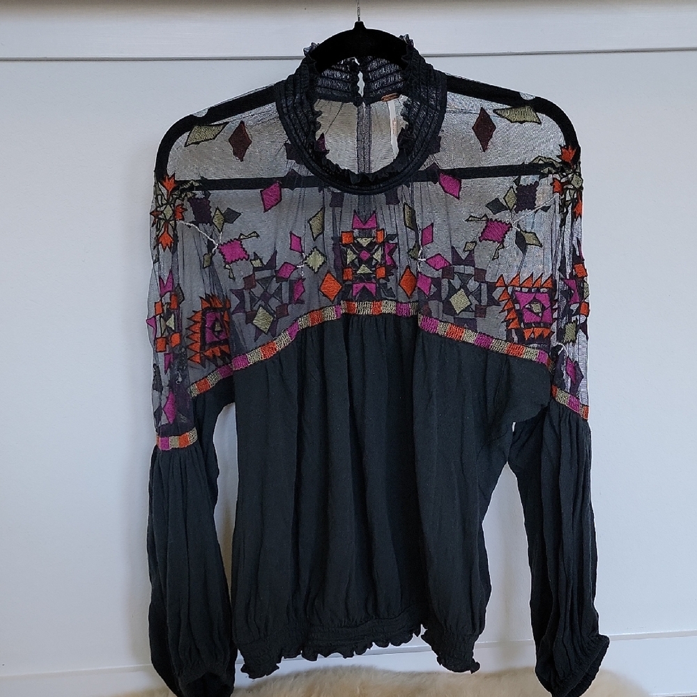 Embroidered Sheer Black Top